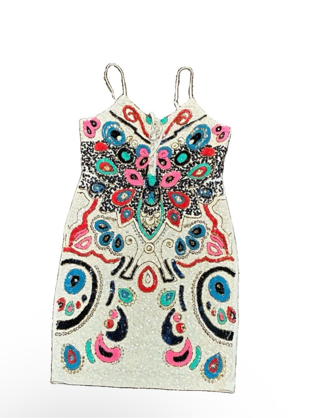 VENUS White Sequin Mini Dress with Multicolor Beaded Floral Motif
